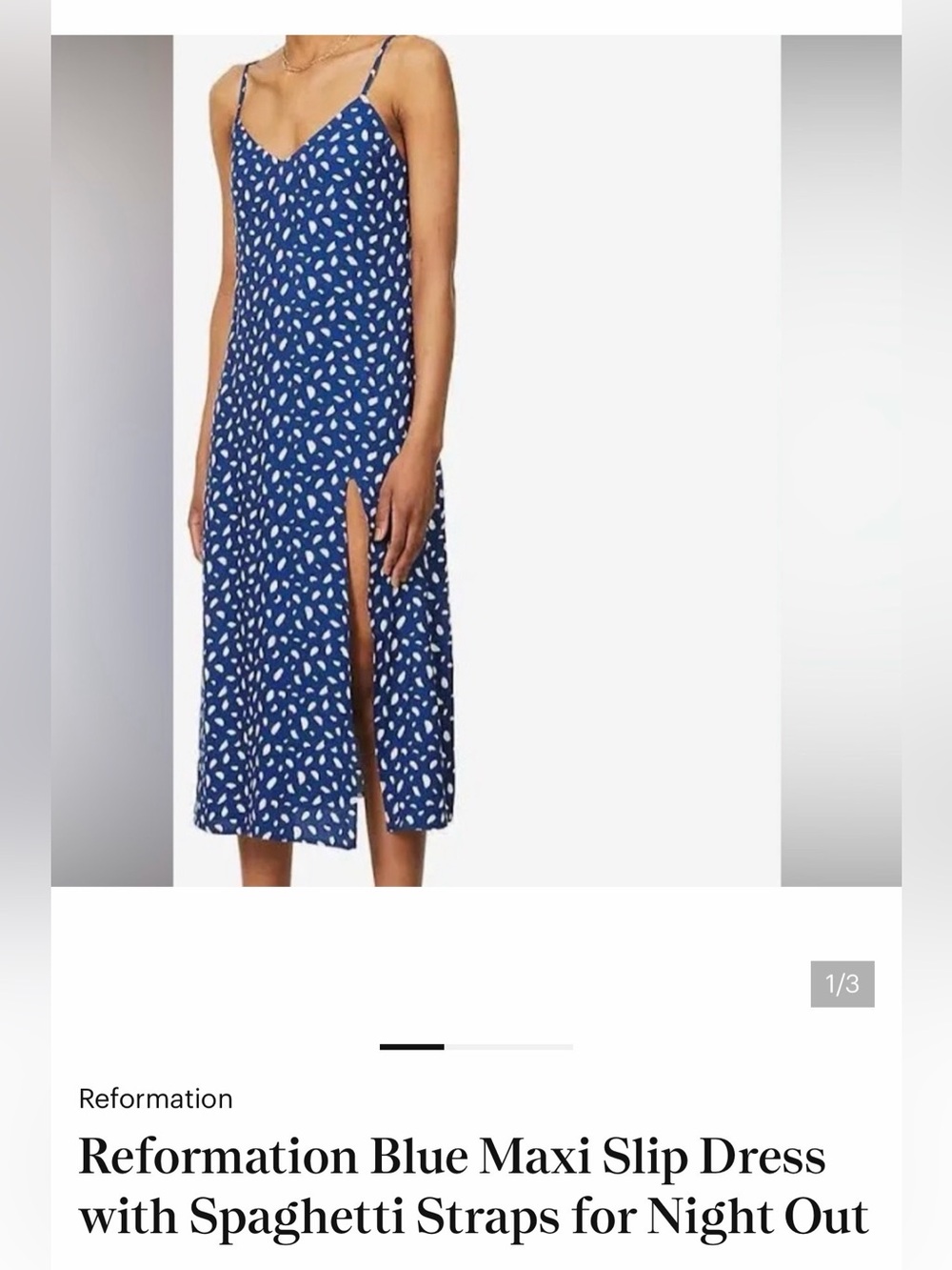Reformation Navy Blue Printed Maxi Slip Dress with Side Slit